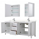 80 Inch Double Bathroom Vanity in White, Light-Vein Carrara Cultured Marble Countertop, Sinks, Medicine Cabinets