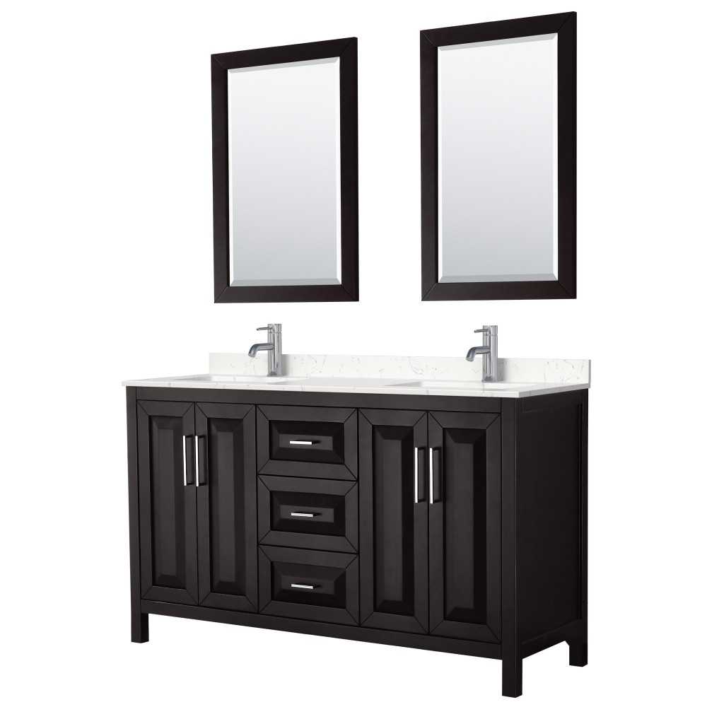 60 Inch Double Bathroom Vanity in Dark Espresso, Light-Vein Carrara Cultured Marble Countertop, Sinks, 24 Inch Mirrors 60 Inch Double Bathroom Vanity in Dark Espresso, Light-Vein Carrara Cultured Marble Countertop, Sinks, 24 Inch Mirrors