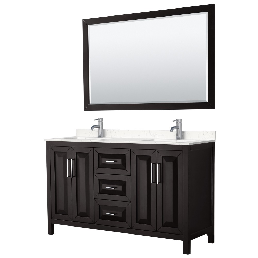 60 Inch Double Bathroom Vanity in Dark Espresso, Light-Vein Carrara Cultured Marble Countertop, Sinks, 58 Inch Mirror