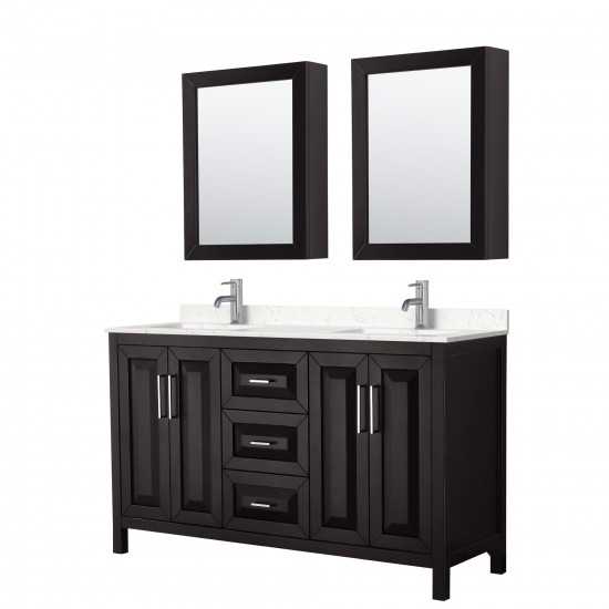 60 Inch Double Bathroom Vanity in Dark Espresso, Light-Vein Carrara Cultured Marble Countertop, Sinks, Medicine Cabinets