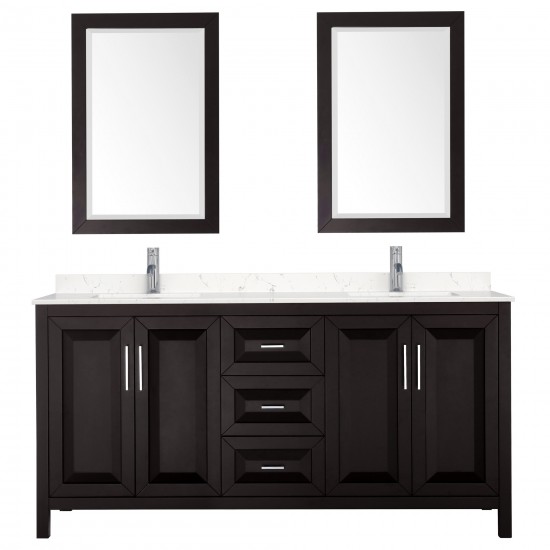 72 Inch Double Bathroom Vanity in Dark Espresso, Light-Vein Carrara Cultured Marble Countertop, Sinks, 24 Inch Mirrors