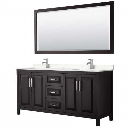 72 Inch Double Bathroom Vanity in Dark Espresso, Light-Vein Carrara Cultured Marble Countertop, Sinks, 70 Inch Mirror