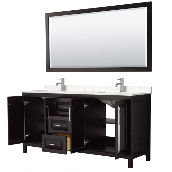 72 Inch Double Bathroom Vanity in Dark Espresso, Light-Vein Carrara Cultured Marble Countertop, Sinks, 70 Inch Mirror