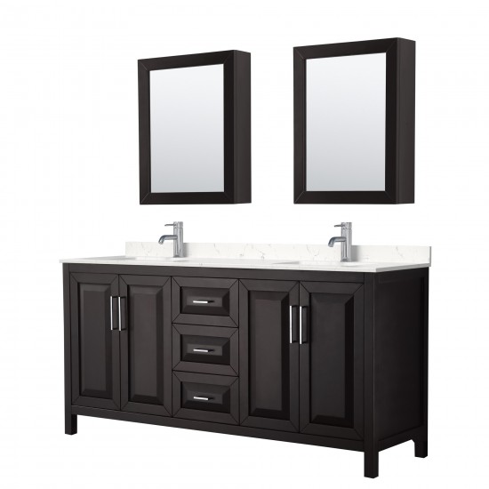 72 Inch Double Bathroom Vanity in Dark Espresso, Light-Vein Carrara Cultured Marble Countertop, Sinks, Medicine Cabinets