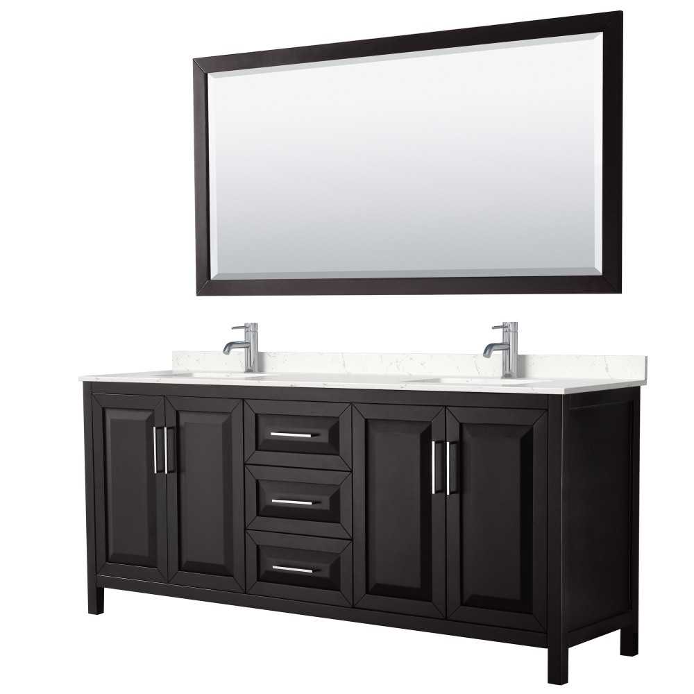 80 Inch Double Bathroom Vanity in Dark Espresso, Light-Vein Carrara Cultured Marble Countertop, Sinks, 70 Inch Mirror