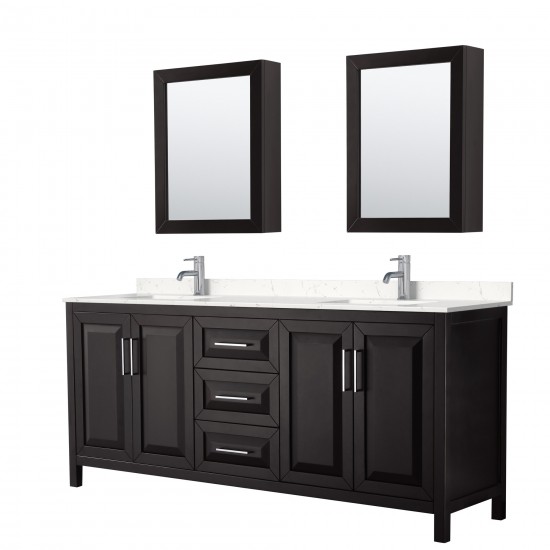 80 Inch Double Bathroom Vanity in Dark Espresso, Light-Vein Carrara Cultured Marble Countertop, Sinks, Medicine Cabinets