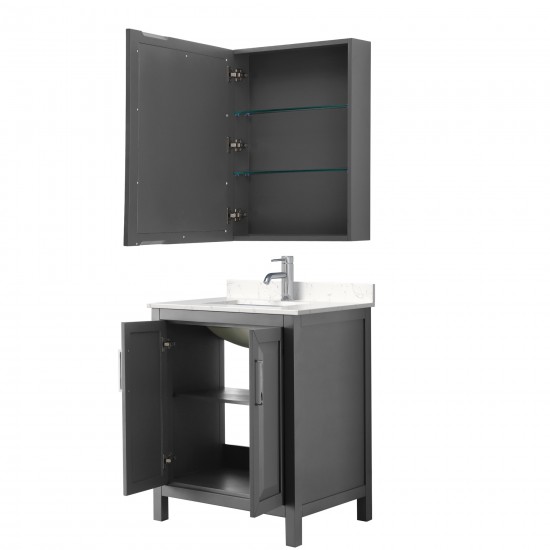 30 Inch Single Bathroom Vanity in Dark Gray, Light-Vein Carrara Cultured Marble Countertop, Sink, Medicine Cabinet