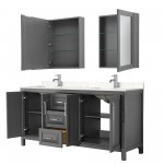 72 Inch Double Bathroom Vanity in Dark Gray, Light-Vein Carrara Cultured Marble Countertop, Sinks, Medicine Cabinets