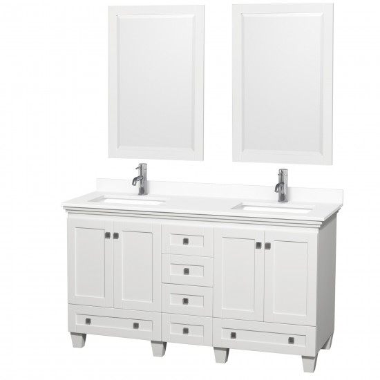 60 Inch Double Bathroom Vanity in White, White Cultured Marble Countertop, Sinks, 24 Inch Mirrors