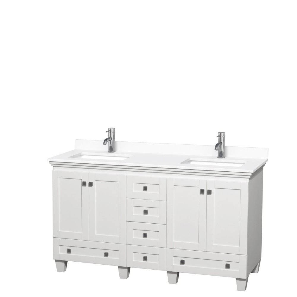 60 Inch Double Bathroom Vanity in White, White Cultured Marble Countertop, Sinks, No Mirrors