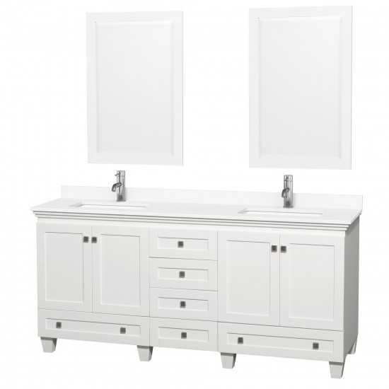 72 Inch Double Bathroom Vanity in White, White Cultured Marble Countertop, Sinks, 24 Inch Mirrors