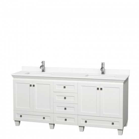 72 Inch Double Bathroom Vanity in White, White Cultured Marble Countertop, Sinks, No Mirrors