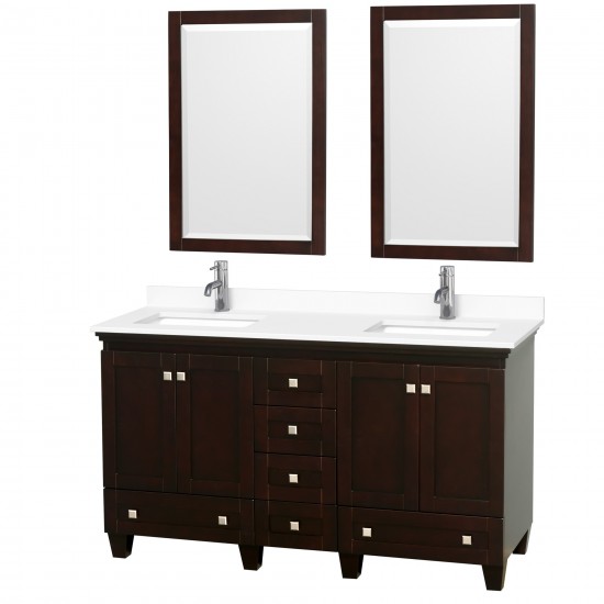 60 Inch Double Bathroom Vanity in Espresso, White Cultured Marble Countertop, Sinks, 24 Inch Mirrors