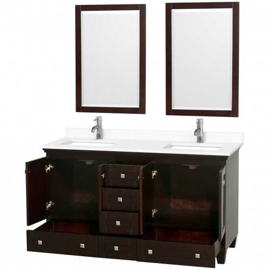 60 Inch Double Bathroom Vanity in Espresso, White Cultured Marble Countertop, Sinks, 24 Inch Mirrors