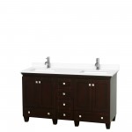 60 Inch Double Bathroom Vanity in Espresso, White Cultured Marble Countertop, Sinks, No Mirrors