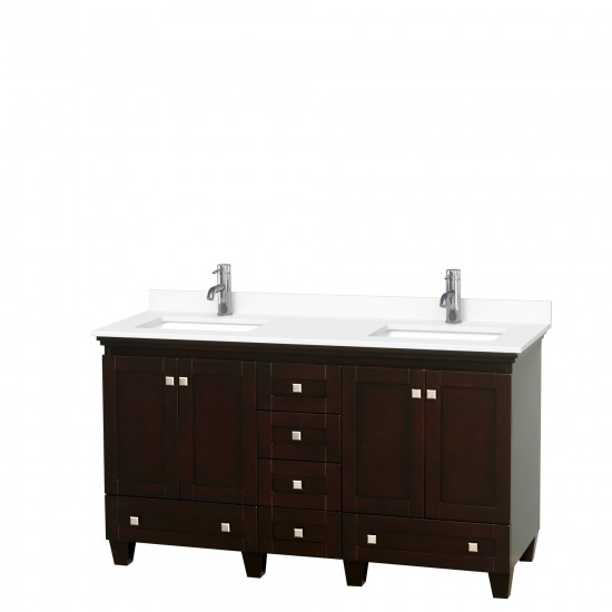 60 Inch Double Bathroom Vanity in Espresso, White Cultured Marble Countertop, Sinks, No Mirrors