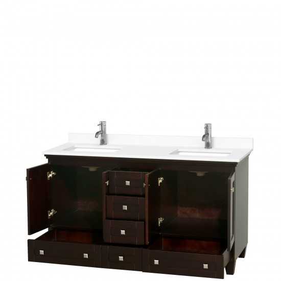 60 Inch Double Bathroom Vanity in Espresso, White Cultured Marble Countertop, Sinks, No Mirrors