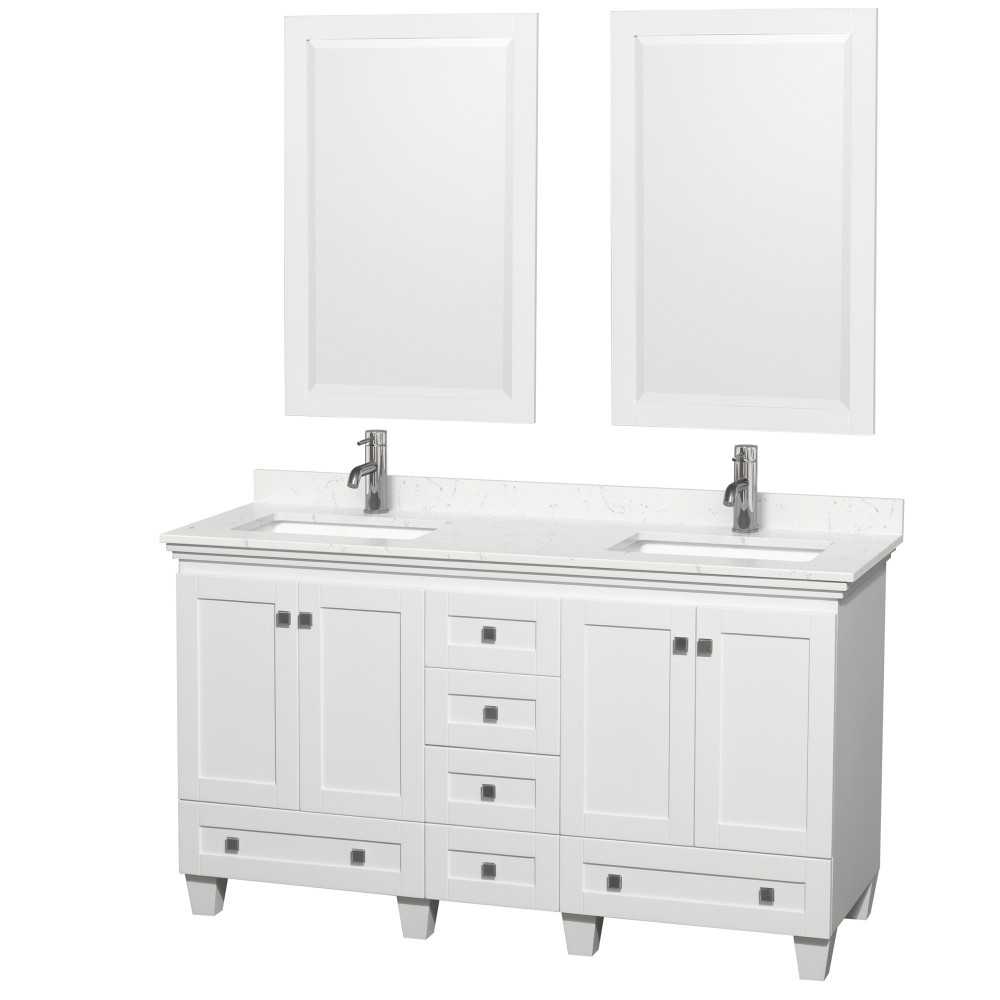 60 Inch Double Bathroom Vanity in White, Light-Vein Carrara Cultured Marble Countertop, Sinks, 24 Inch Mirrors