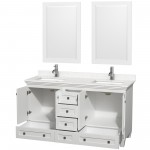 60 Inch Double Bathroom Vanity in White, Light-Vein Carrara Cultured Marble Countertop, Sinks, 24 Inch Mirrors