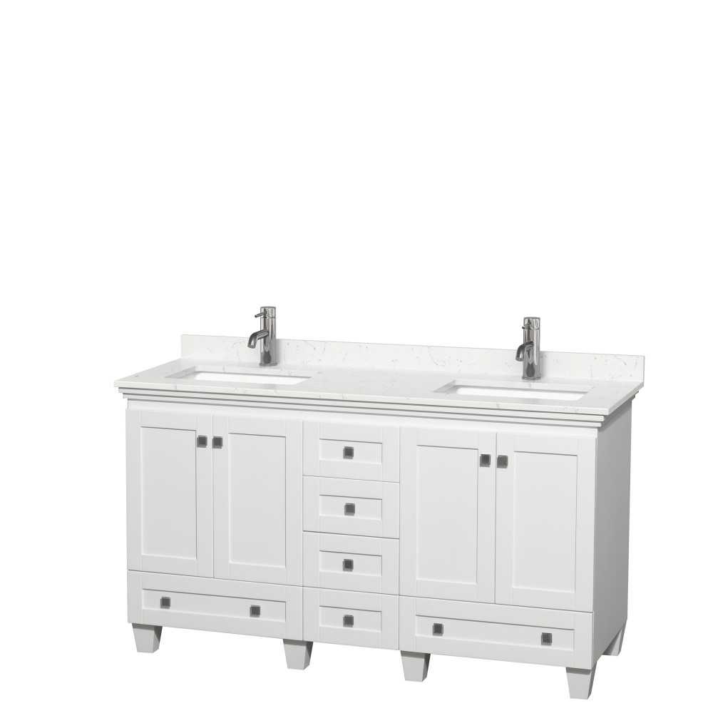 60 Inch Double Bathroom Vanity in White, Light-Vein Carrara Cultured Marble Countertop, Sinks, No Mirrors