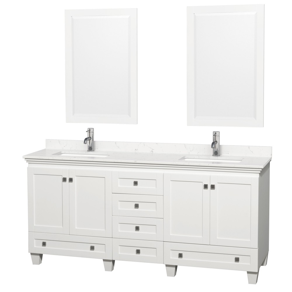 72 Inch Double Bathroom Vanity in White, Light-Vein Carrara Cultured Marble Countertop, Sinks, 24 Inch Mirrors