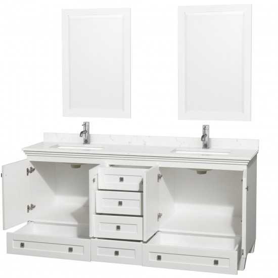 72 Inch Double Bathroom Vanity in White, Light-Vein Carrara Cultured Marble Countertop, Sinks, 24 Inch Mirrors