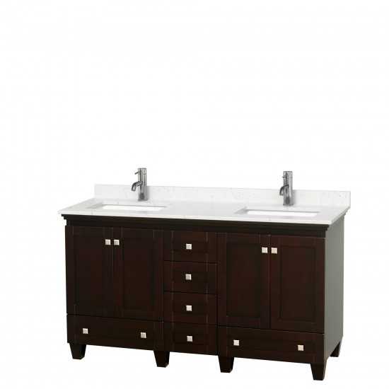 60 Inch Double Bathroom Vanity in Espresso, Light-Vein Carrara Cultured Marble Countertop, Sinks, No Mirrors