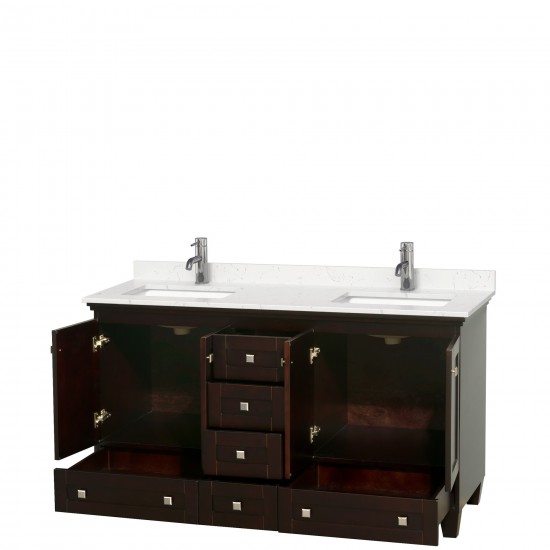 60 Inch Double Bathroom Vanity in Espresso, Light-Vein Carrara Cultured Marble Countertop, Sinks, No Mirrors