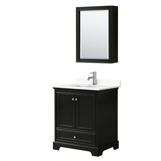 30 Inch Single Bathroom Vanity in Dark Espresso, White Cultured Marble Countertop, Sink, Medicine Cabinet