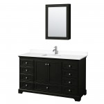 60 Inch Single Bathroom Vanity in Dark Espresso, White Cultured Marble Countertop, Sink, Medicine Cabinet