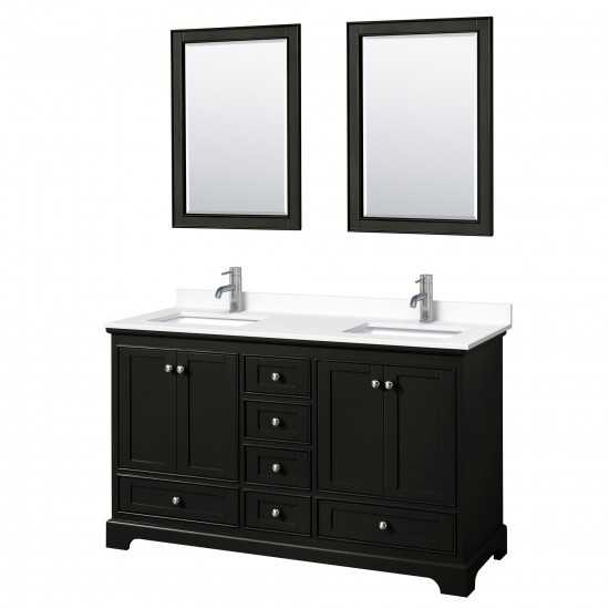 60 Inch Double Bathroom Vanity in Dark Espresso, White Cultured Marble Countertop, Sinks, 24 Inch Mirrors