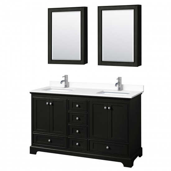 60 Inch Double Bathroom Vanity in Dark Espresso, White Cultured Marble Countertop, Sinks, Medicine Cabinets