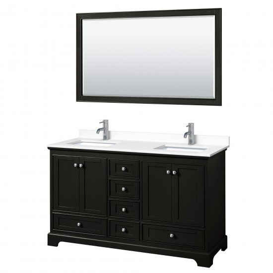 60 Inch Double Bathroom Vanity in Dark Espresso, White Cultured Marble Countertop, Sinks, 58 Inch Mirror