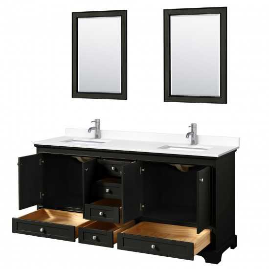 72 Inch Double Bathroom Vanity in Dark Espresso, White Cultured Marble Countertop, Sinks, 24 Inch Mirrors