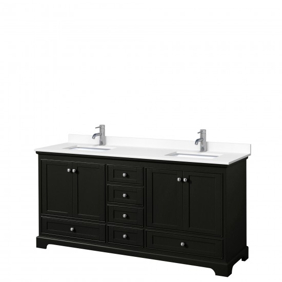 72 Inch Double Bathroom Vanity in Dark Espresso, White Cultured Marble Countertop, Sinks, No Mirrors