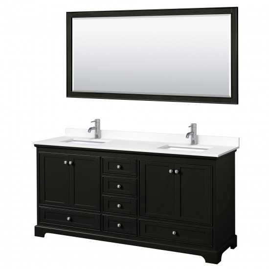 72 Inch Double Bathroom Vanity in Dark Espresso, White Cultured Marble Countertop, Sinks, 70 Inch Mirror