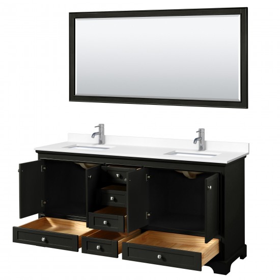 72 Inch Double Bathroom Vanity in Dark Espresso, White Cultured Marble Countertop, Sinks, 70 Inch Mirror