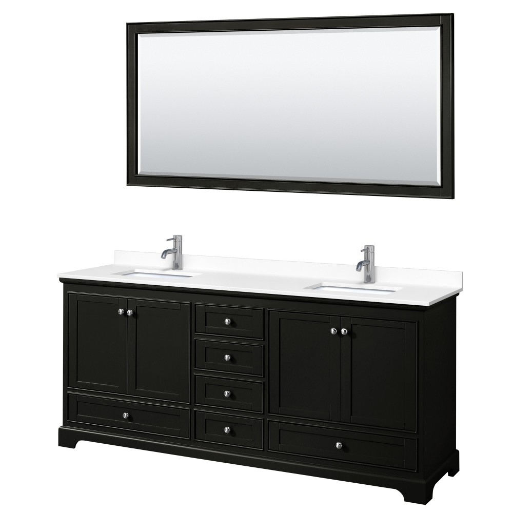 80 Inch Double Bathroom Vanity in Dark Espresso, White Cultured Marble Countertop, Sinks, 70 Inch Mirror