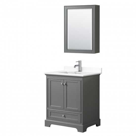 30 Inch Single Bathroom Vanity in Dark Gray, White Cultured Marble Countertop, Sink, Medicine Cabinet