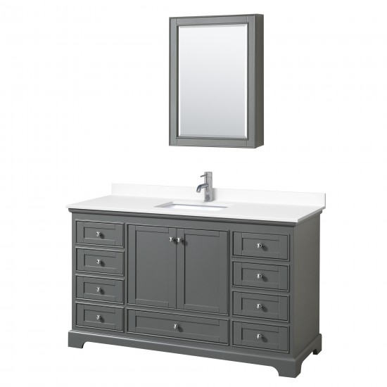 60 Inch Single Bathroom Vanity in Dark Gray, White Cultured Marble Countertop, Sink, Medicine Cabinet