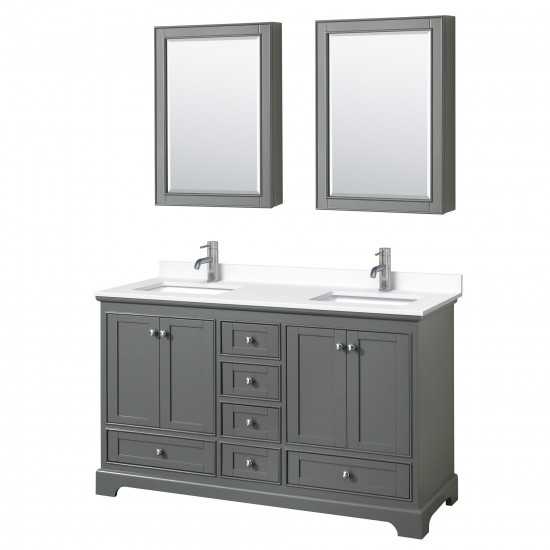 60 Inch Double Bathroom Vanity in Dark Gray, White Cultured Marble Countertop, Sinks, Medicine Cabinets