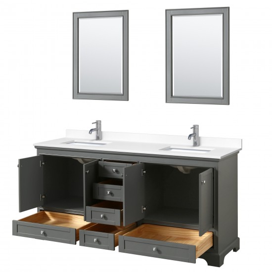 72 Inch Double Bathroom Vanity in Dark Gray, White Cultured Marble Countertop, Sinks, 24 Inch Mirrors