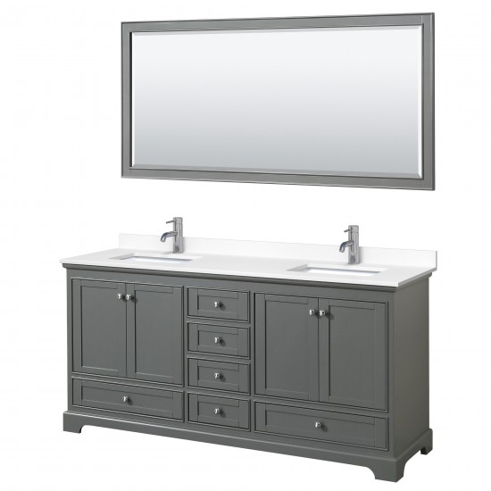 72 Inch Double Bathroom Vanity in Dark Gray, White Cultured Marble Countertop, Sinks, 70 Inch Mirror