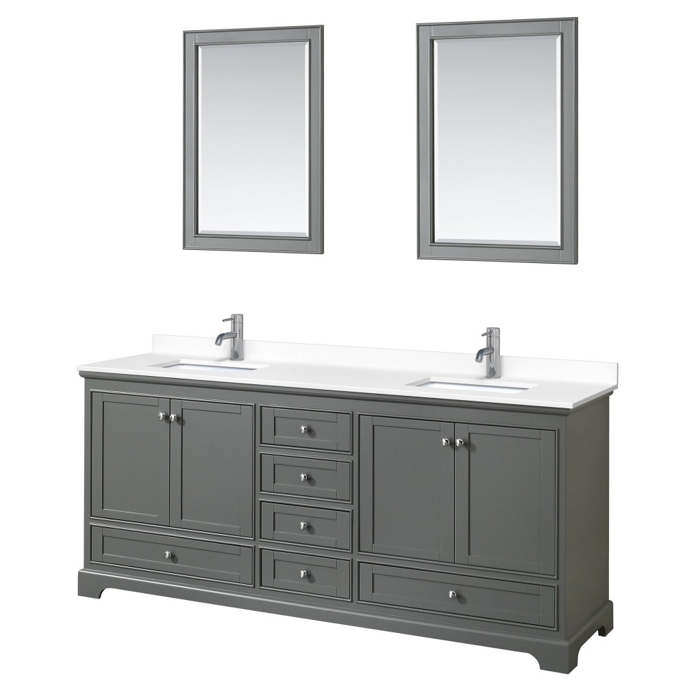 80 Inch Double Bathroom Vanity in Dark Gray, White Cultured Marble Countertop, Sinks, 24 Inch Mirrors