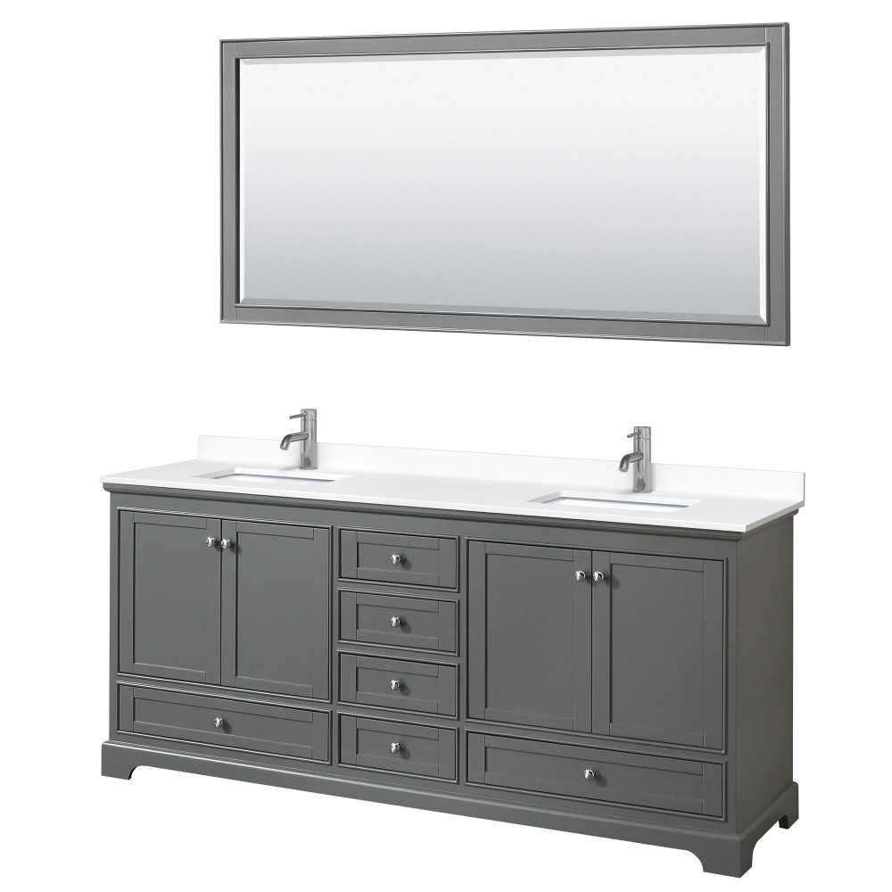 80 Inch Double Bathroom Vanity in Dark Gray, White Cultured Marble Countertop, Sinks, 70 Inch Mirror