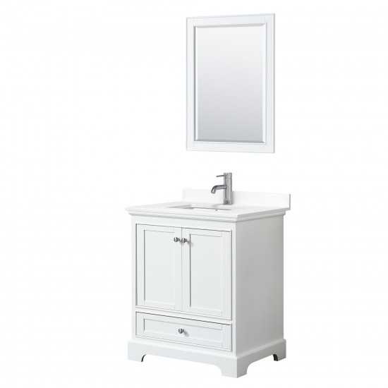 30 Inch Single Bathroom Vanity in White, White Cultured Marble Countertop, Sink, 24 Inch Mirror