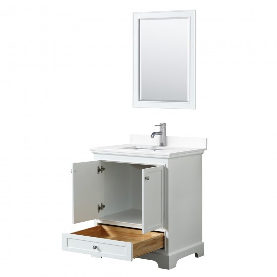 30 Inch Single Bathroom Vanity in White, White Cultured Marble Countertop, Sink, 24 Inch Mirror