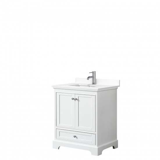 30 Inch Single Bathroom Vanity in White, White Cultured Marble Countertop, Sink, No Mirror