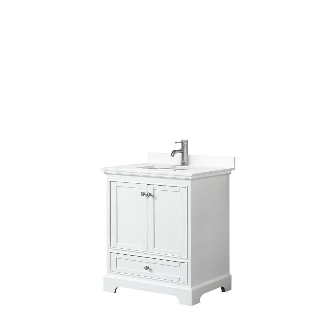 30 Inch Single Bathroom Vanity in White, White Cultured Marble Countertop, Sink, No Mirror