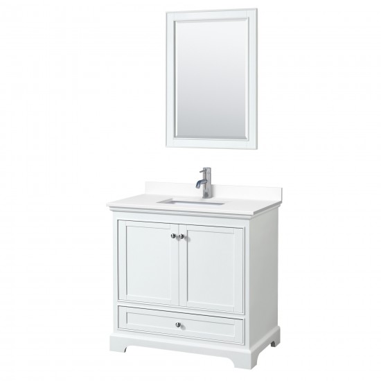 36 Inch Single Bathroom Vanity in White, White Cultured Marble Countertop, Sink, 24 Inch Mirror